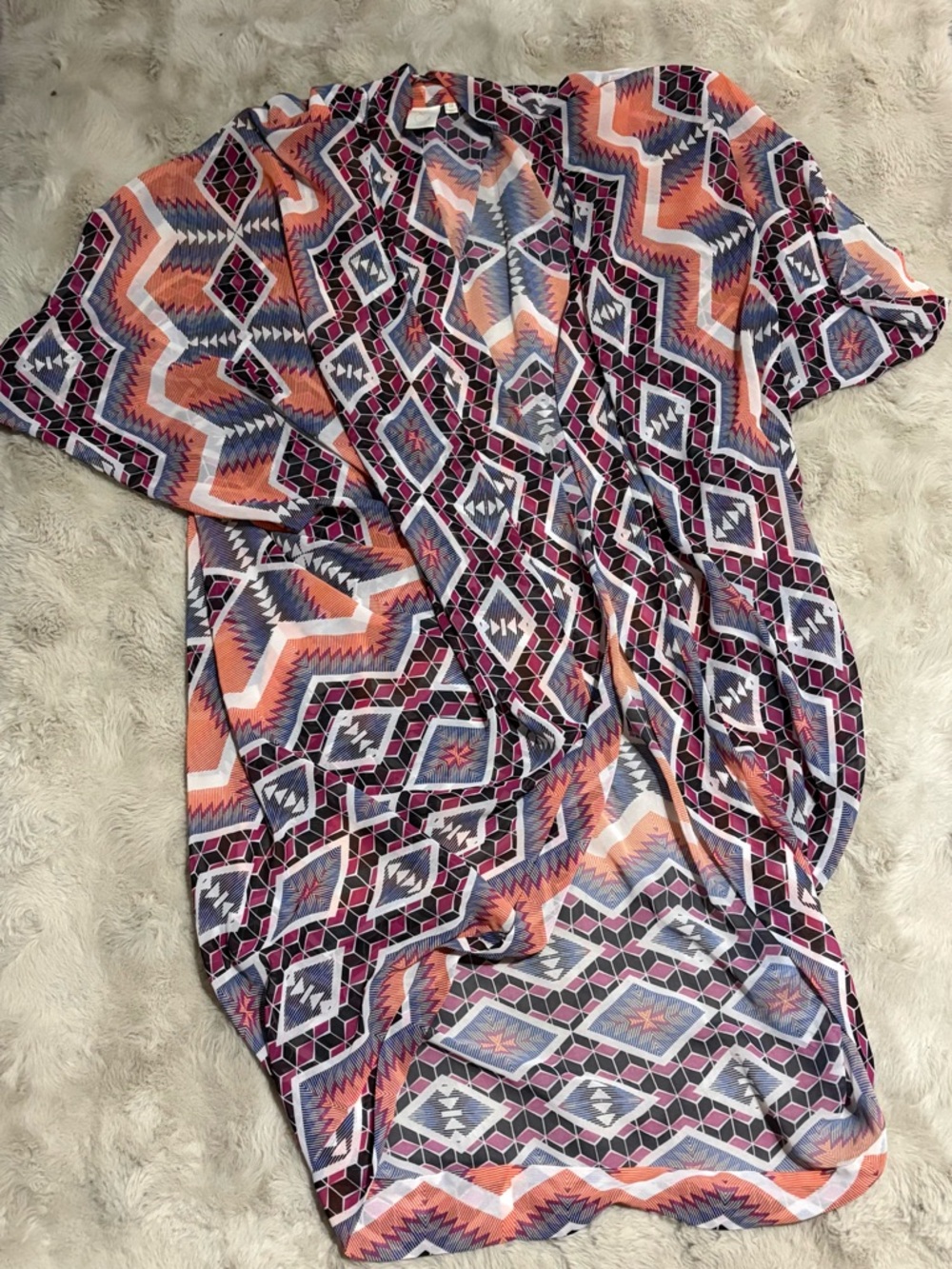 Women's Geometric Aztec Kimono Cardigan - Coral, Navy & Pink